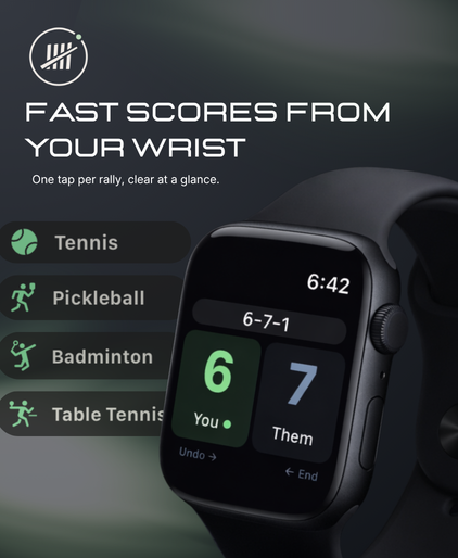 Tally Apple Watch app showing live tennis score tracking with one-tap scoring for you and opponent