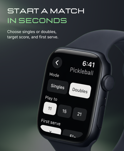 Tally match setup screen on Apple Watch — choose singles or doubles, target score, and first serve for pickleball