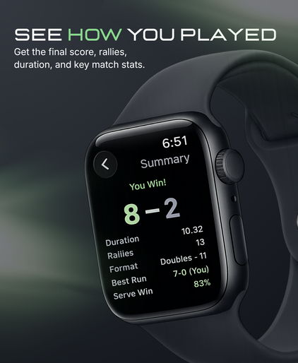Tally post-match summary on Apple Watch showing final score, rallies, duration, and serve win percentage