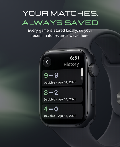 Tally match history on Apple Watch showing saved scores from recent doubles matches
