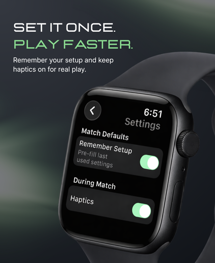 Tally settings on Apple Watch for match defaults, remember setup, and haptic feedback during play